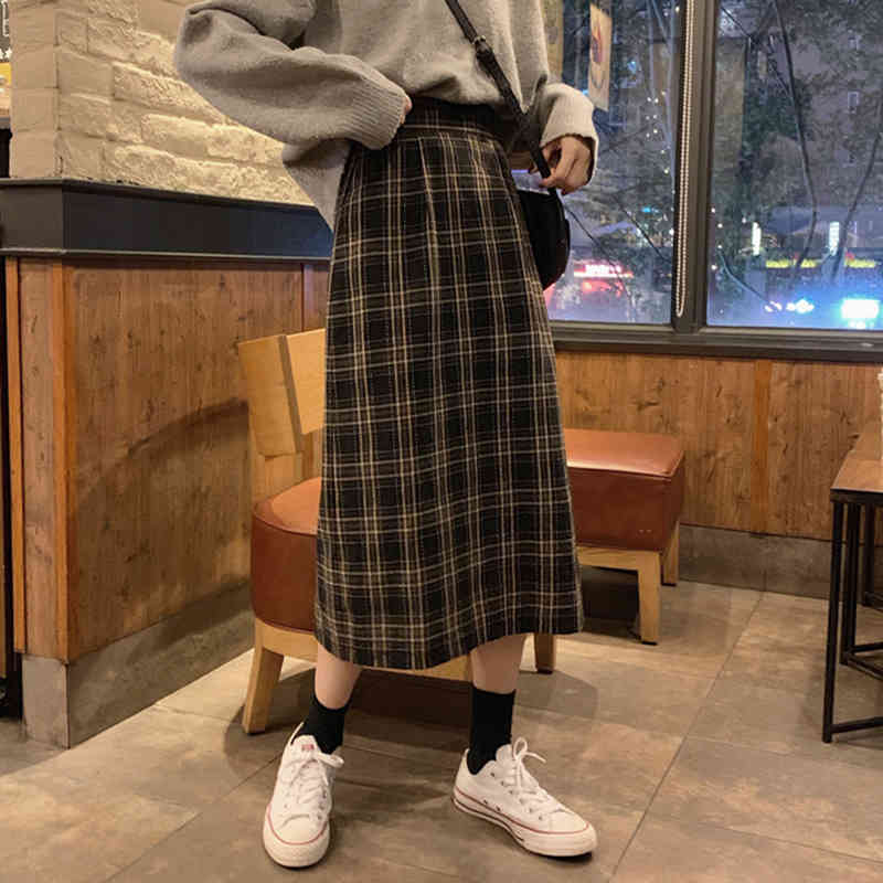 Vintage Plaid Womens Skirts Autumn Pencil Long Female Warm Thick Mujer Women Winter High Waist Skirt Girls Maxi Midi Pleated 210417Z