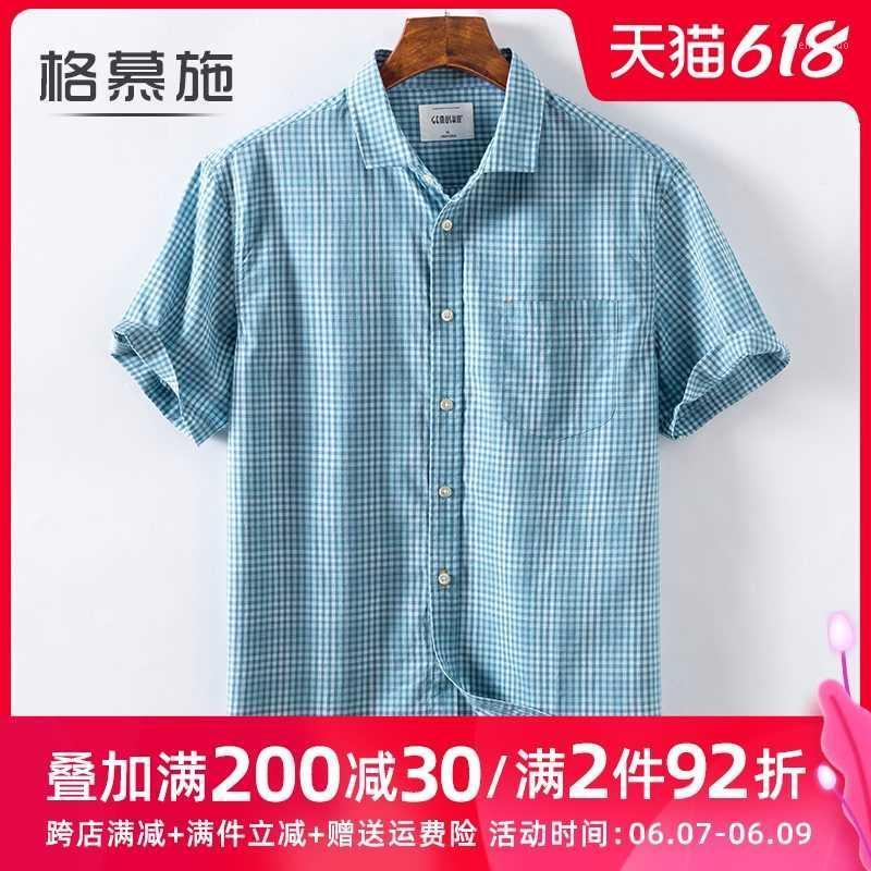 

Men' Dress Shirts Gmushi Short Sleeve Shirt Casual Cotton Plaid Youth 2021 Summer Fashion Loose Size Wear, T155