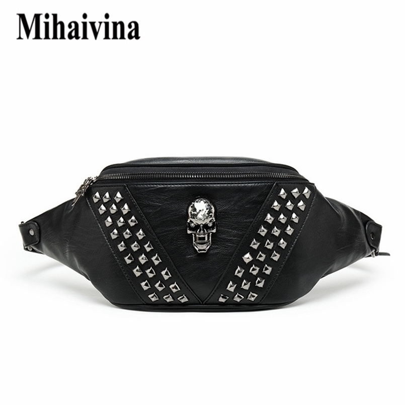 

Mihaivina Punk Rivet Skull Men Waist Bag Women Black Fanny Pack Leather Chest s Female Shoulder Messenger Bum s 220216