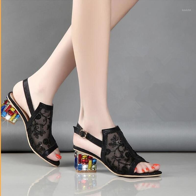 

Women Sandals Block Heels Handmade Rhinestone 2021 Summer Slippers High Shoes For Plus Colorful A668 Dress, Black