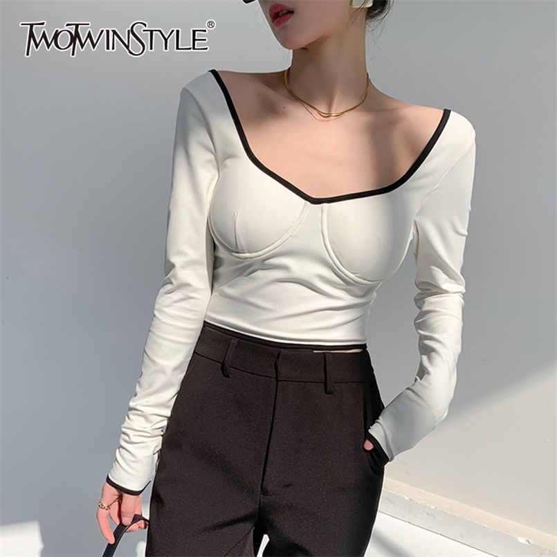 

Sexy White T Shirt For Women Square Collar Long Sleeve Backless Slim Short Tops Female Fashion Clothing 210524
