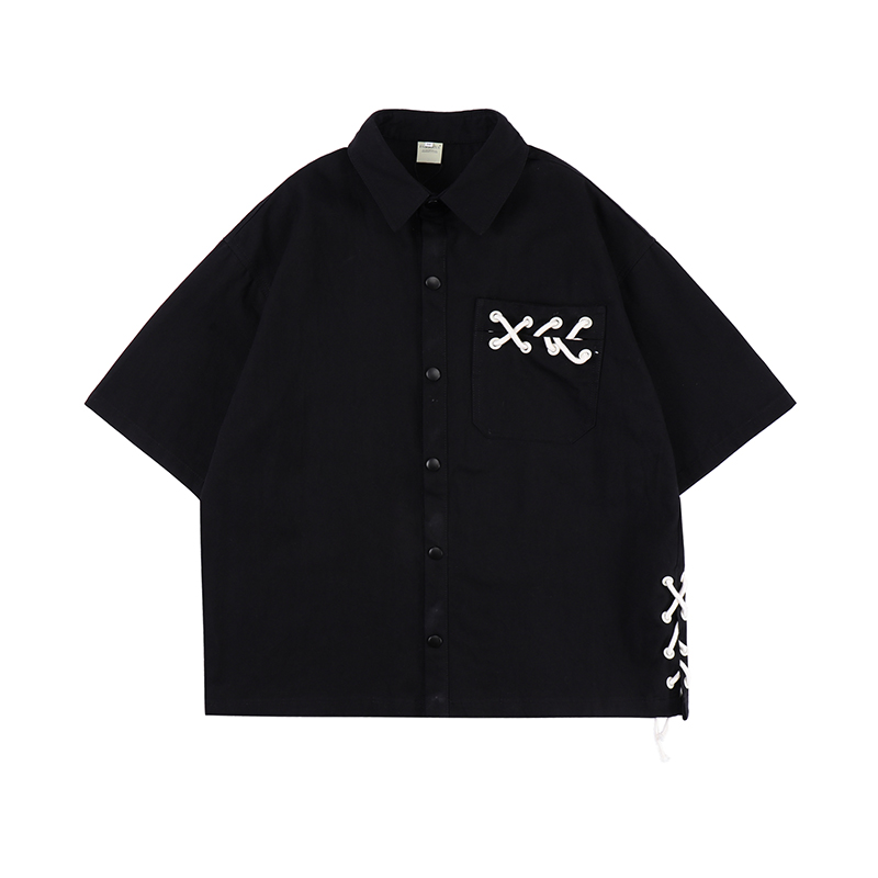 

Summer Lapel Pockets Lace Up Short Sleeve Hawaii Shirts Men and Women Oversized High Street Loose Casual Top Tees, Black