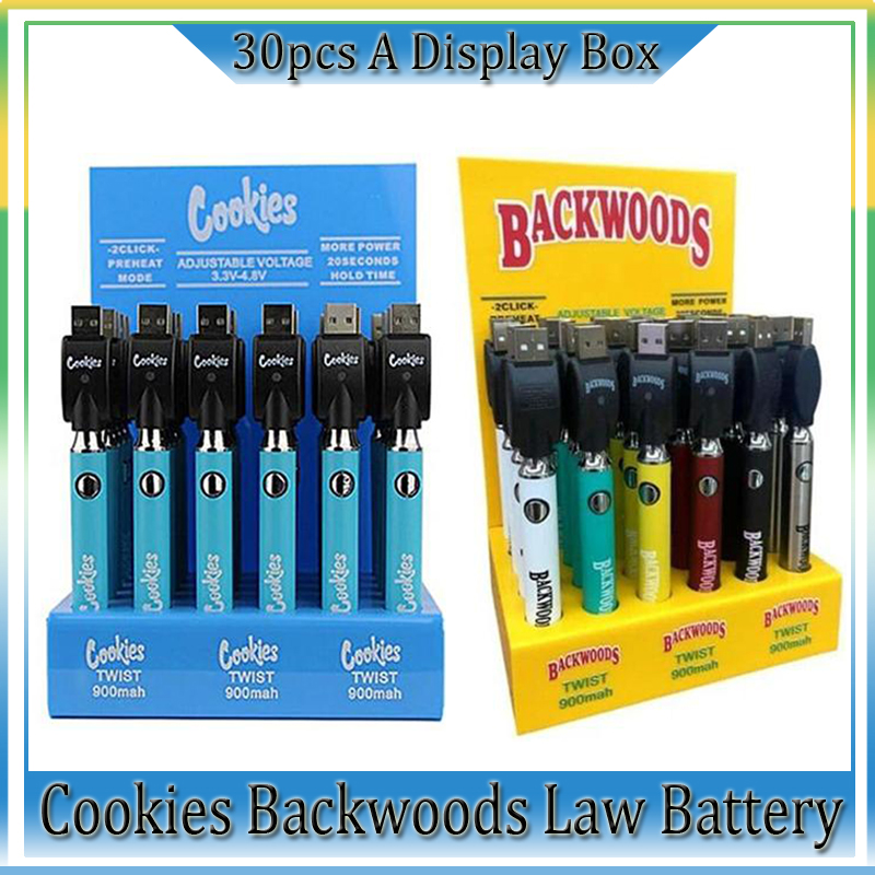 

Cookies Backwoods Law Twist Preheat VV Battery 900mAh Bottom Voltage Adjustable Usb Charger Vape Pen 30Pcs With Display Box Factory Wholesale Top Quality