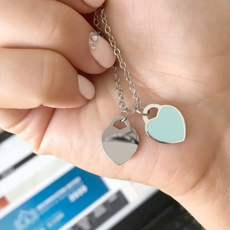 

couple necklace woman stainless steel blue pink green heart pendant jewelry on the neck Valentine Day Christmas gifts for girlfriend wholesale, Silver