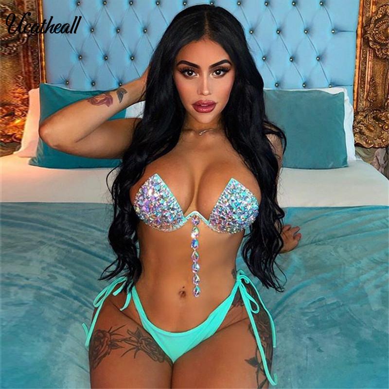 

High Quality Crystal Fashion Sexy Set Beach Weat Summer Two Piece Deep V Tassel Big Bra Tops +short 2 Women' Tracksuits, Pink