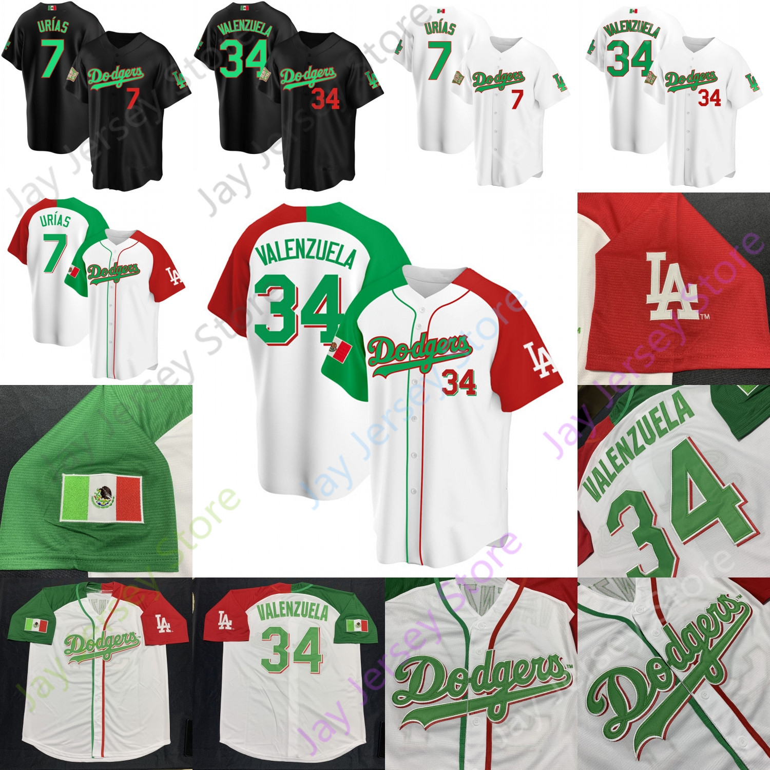 

Dodgers Mexico Jersey 7 Julio Urias UrÃ­as 34 Fernando Valenzuela Black Red Green White All Stitched Embroidery Adult Size S-3XL, Blue;black