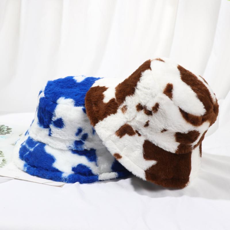 

Wide Brim Hats Winter Cow Print Plush Bucket For Women Tourism Outdoor Warm Hat Soft Faux Fur Fisherman Cap Lady Fashion Panama Presen, Spring autumn hat