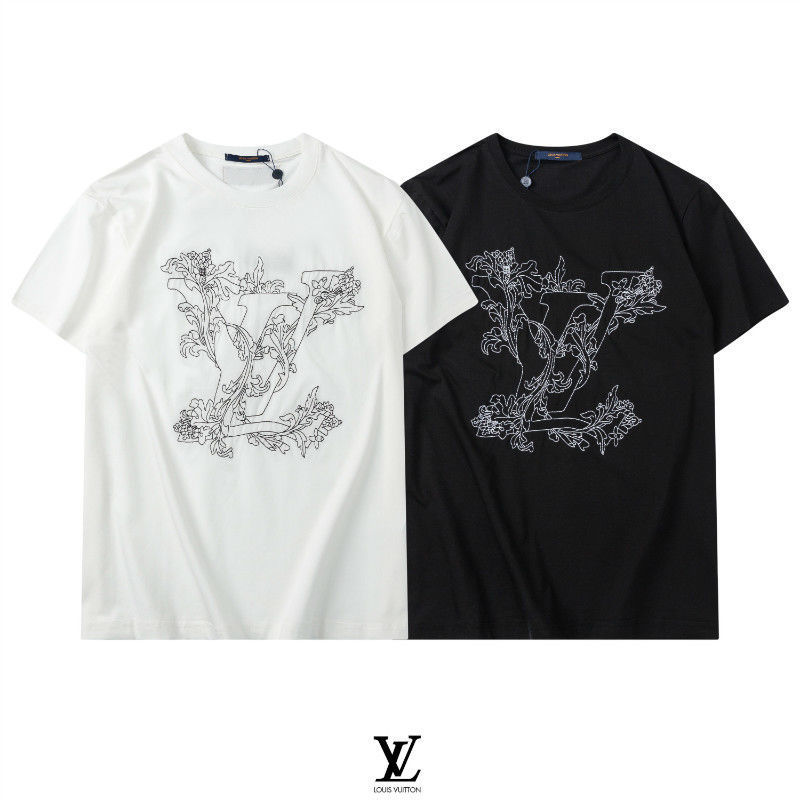 

European station Star's new 2021  flower v t-shirt men's and women's Casual Short Sleeve lovers' wear, White;black