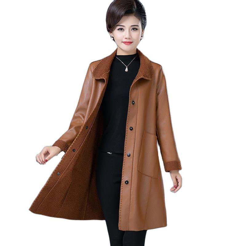 

Women's Leather & Faux Fall Winter PU Jacket 2021 Middle-aged Mother Lined Lamb Wool Warm Overcoat Female Loose 5XL Coat A, Black