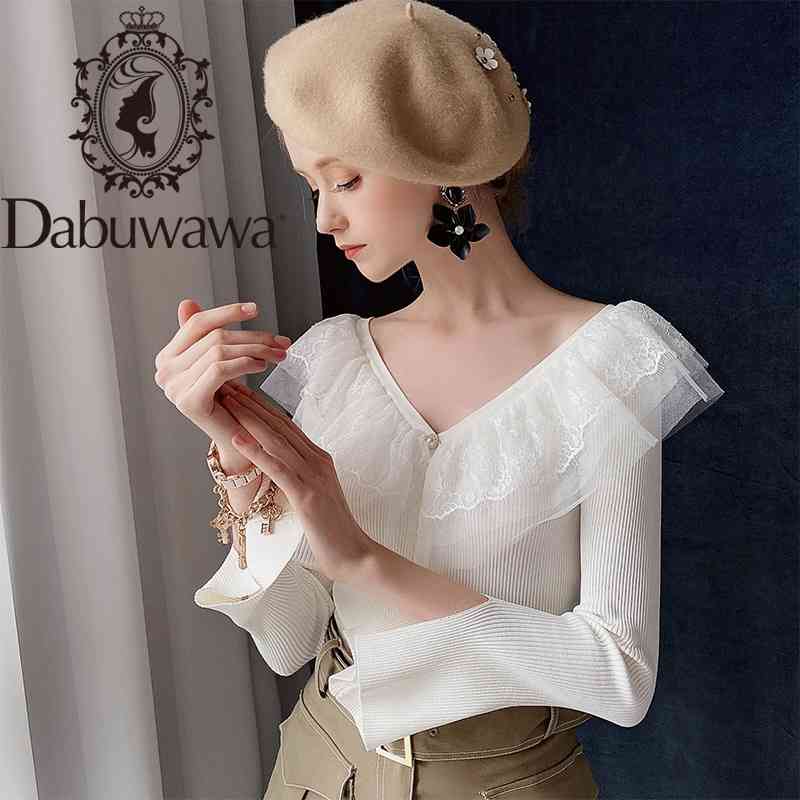 

Dabuwawa Sexy Button Lace V-Neck Cardigan Women Autumn Flare Sleeve Rib-Knit Solid Coat Outerwear Cardigans Female DT1CJS003 210520, White