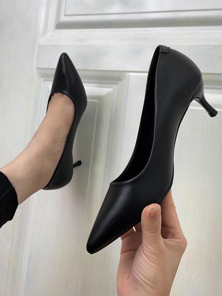 

Dress Shoes Net Red High-heeled Soft Leather Women Don't Wear Their Feet Professional Thin Heel Fairy Style Pointed Temperament, Black 5cm