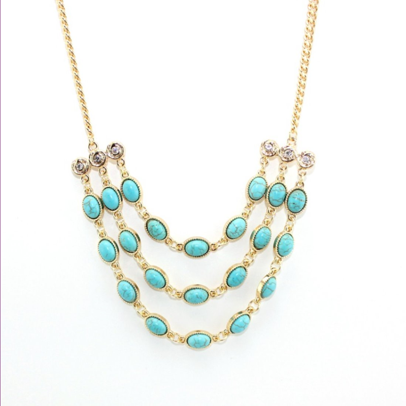 Pendant Necklaces Light Yellow Gold Color Multi Layer Oval Green Turquoises Link Chain Necklace With Rhinestone Statement Jewelry-image-708526269