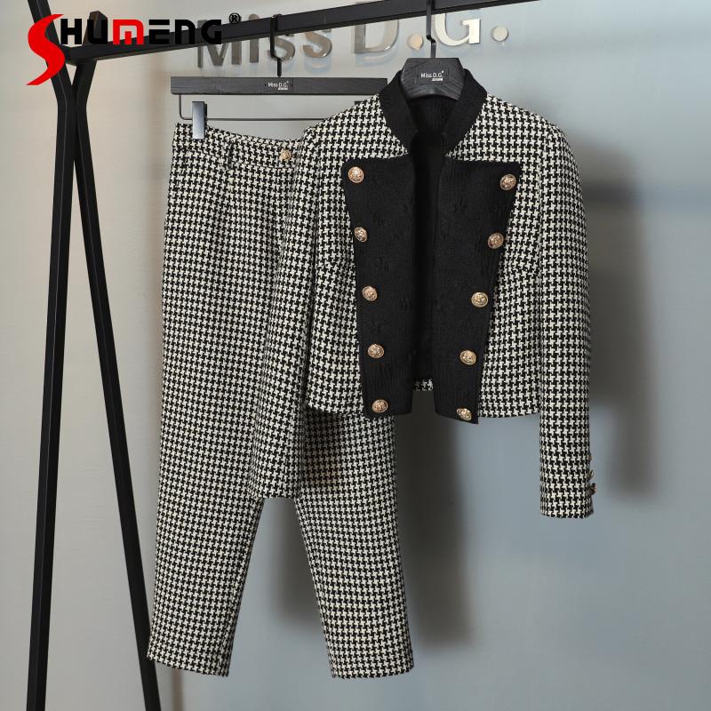 

Women's Two Piece Pants Houndstooth Two-piece Suit Women 2021 Winter Fashion Elegant Tweed Stitching Short Coat Simple Slimming Office Lady, White