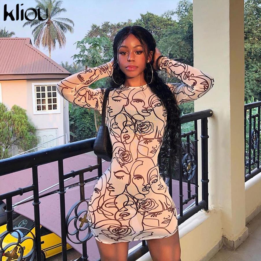 

print see through mesh cloth women dress summmer slim fit long sleeve casual high street party mini woman, Black;gray