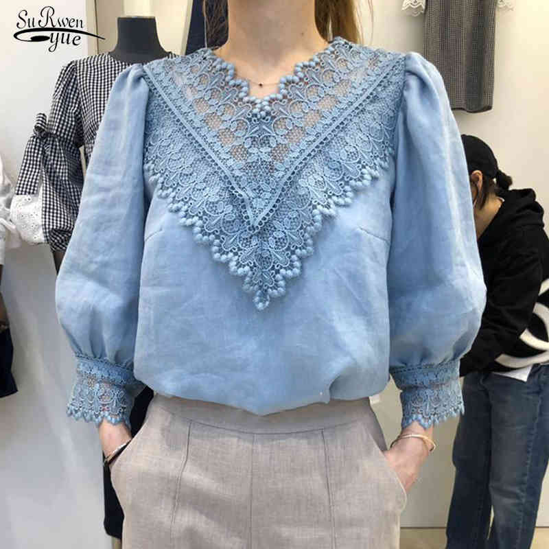 

Sweet Lace Stitching V-neck Long Sleeve Shirt Women Spring Korean Style Solid Cotton Simple Womens Tops and Blouses Blusas 13527 210518, Blue