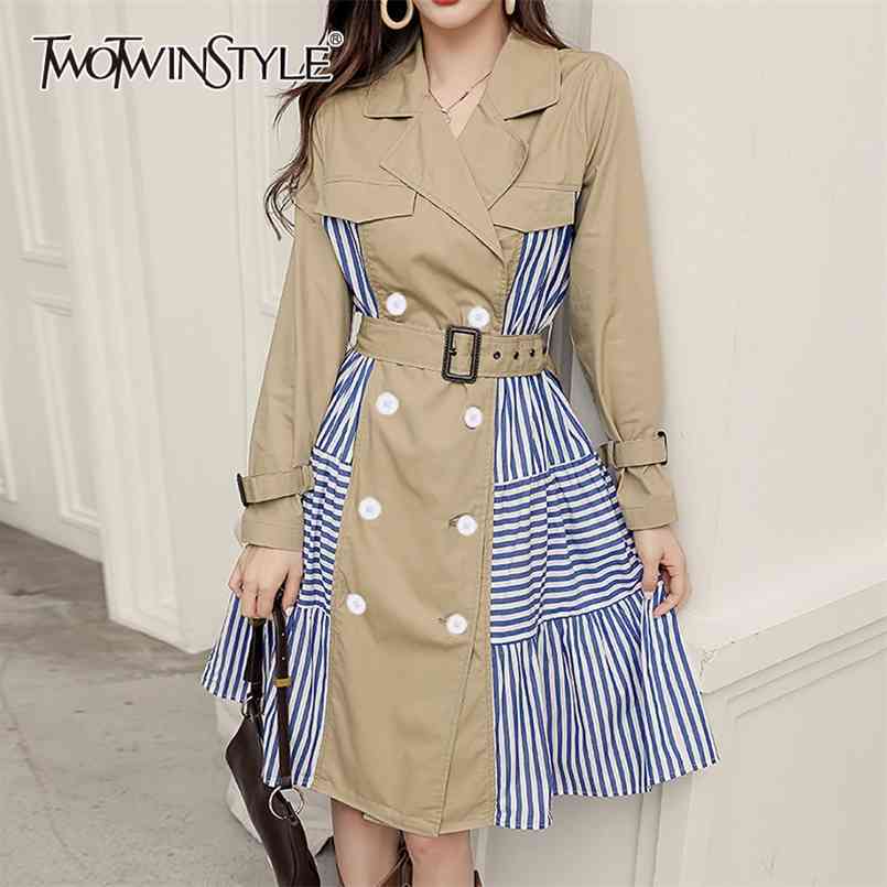 

Khaki Stripe Windbreakers For Female Lapel Collar Long Sleeve Patchwork Ruffles High Wasit Slim Women's Coats 210524