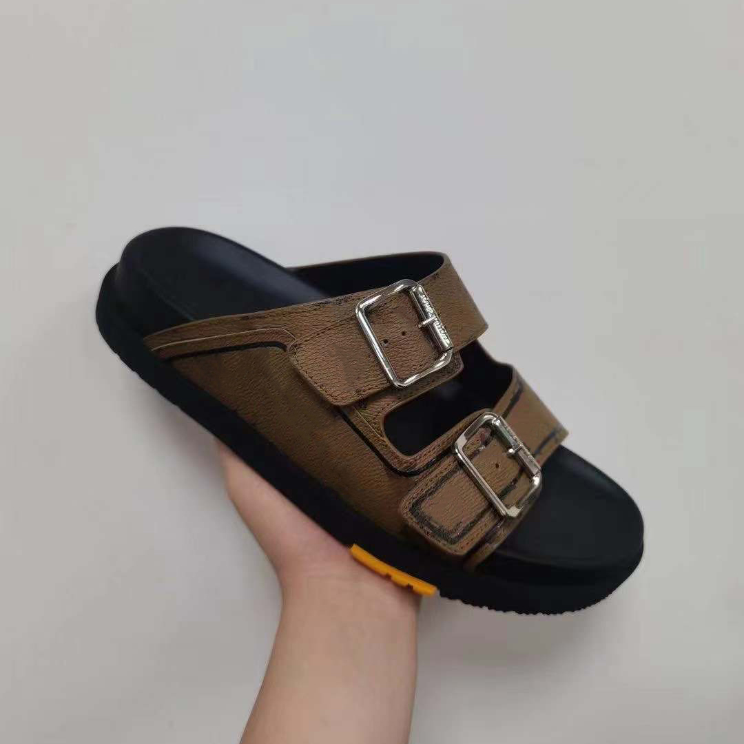 

Men Trainer Sandal Embossed Printing Leather Mule Designer Slide Brown Double Strap Slipper Metallic Buckles Lightweight Rubber outsole Shoes 293, Socks