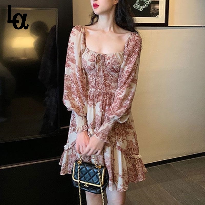 

French Floral Sweet Dress Women Print Elegant Puff Sleeve Chiffon Party Outdoor Casual Female Summer 210519, Black