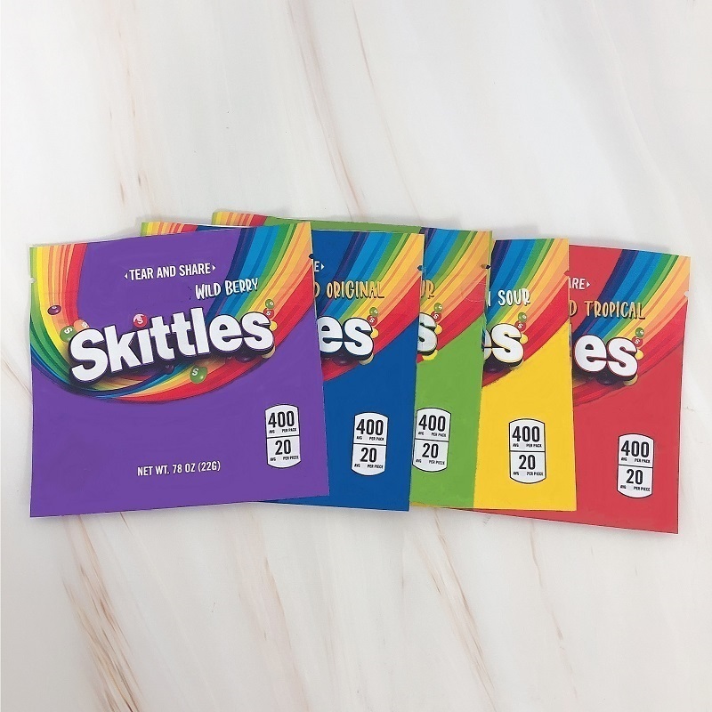 

Skittles Mylar Bags 2021 Newest 400mg Empty Medicated Sour Rainbow Edibles Candy Gummy Zipper Packaging