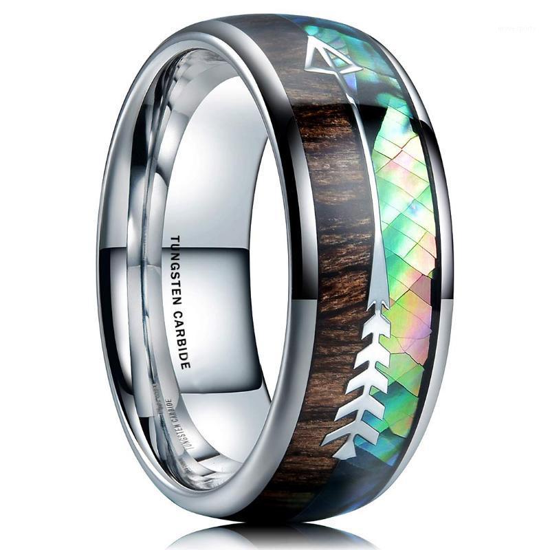 

Wedding Rings Fashion 8mm Men Tungsten Carbide Ring Natural Rainbow Abalone Shell & Koa Wood Inlay Deer Antler Arrow Band1