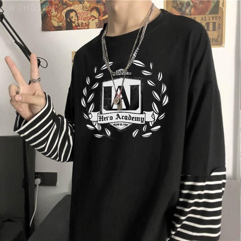 

Men's T-Shirts Harajuku Anime My Hero Academia Fake Two Pieces T-Shirt Funny Manga Class A Leaf Graphics Unisex Long Sleeve Stripe T Shirt