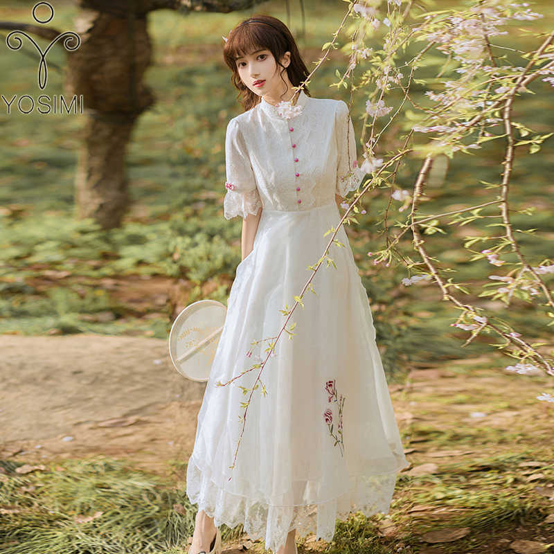 

YOSIMI Women White Lace Dress Elegant Summer Fraiy Stand Neck A-Line Mid-calf Half Sleeve Embroidery Party Ladies 210604