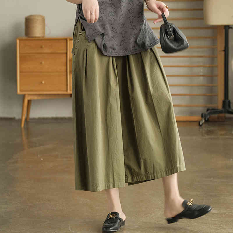 

Johnature Women Cotton Wide Leg Pants Casual Elastic Waist Loose All-match Vintage Elegant Ankle-Length Comfortable Pants 210521, Khaki