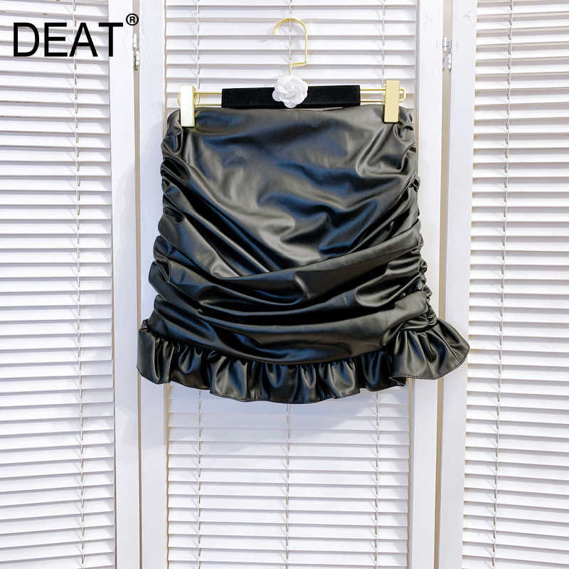 

DEAT Women Black Ruffles Pleated Hip Leather Skirt Arrivals High Waist Fashion Temperament Spring Summer 11D657 210709