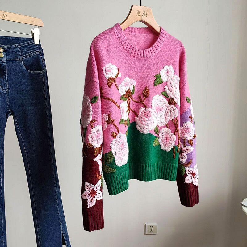 

Women's Sweaters Vintage Knitted Sweater 3d Floral Embroidery Pullovers Women Autumn Winter Loose Jumpers Female Sweet Knitwear Tops Elegant, Pink
