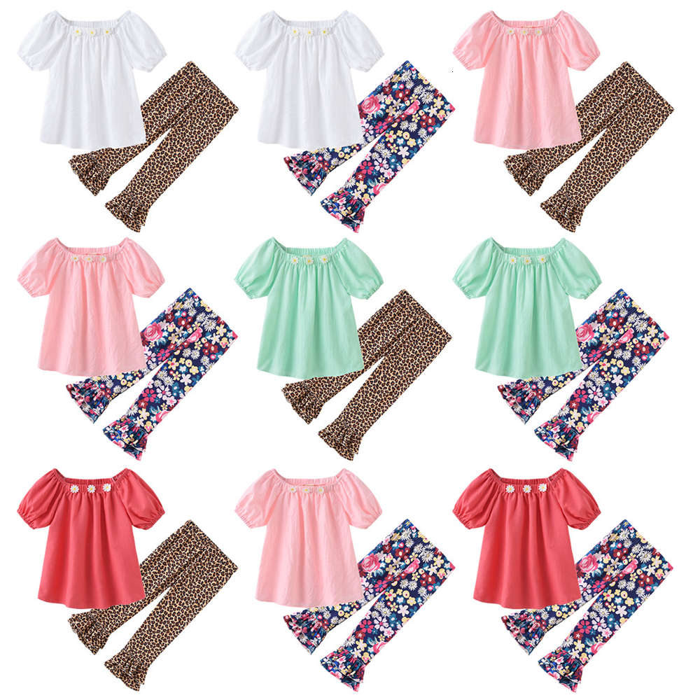 

Boys and girls suits Children's summer net red girl cute top leopard print flared pants two piece fashion women's treasure suit, White