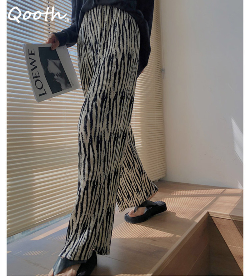 

Qooth Zebra Pattern Pleated Wide-Leg Pants Spring Summer Vertical Printing Straight-Leg Pants Casual Thin Drape Pants QT606 210518, Black