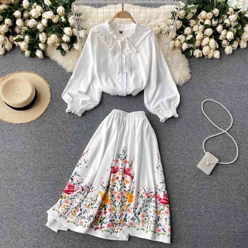

Ladies temperament suit ladies shirt age reduction puff sleeve all-match small fresh printed skirt 210525, White