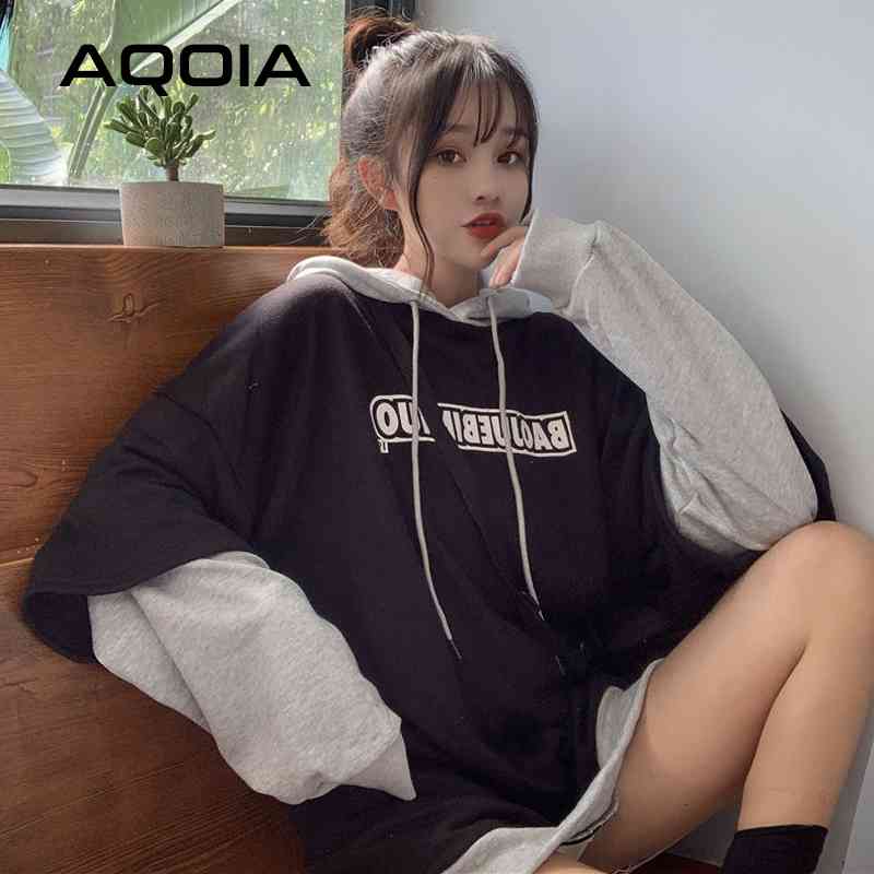 

Autumn Streetwear Letter Patchwork Printing Women Hoodies Plus Size Loose Fake two pieces Thin Sweatshirts Pullovers 210521, Navy blue