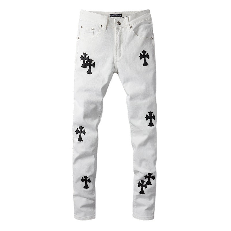 

European and American Tide Brand Personality Cross Horseshoe Embroidery Pants Men's Casual Straight Slim High Street Jeans, Blue