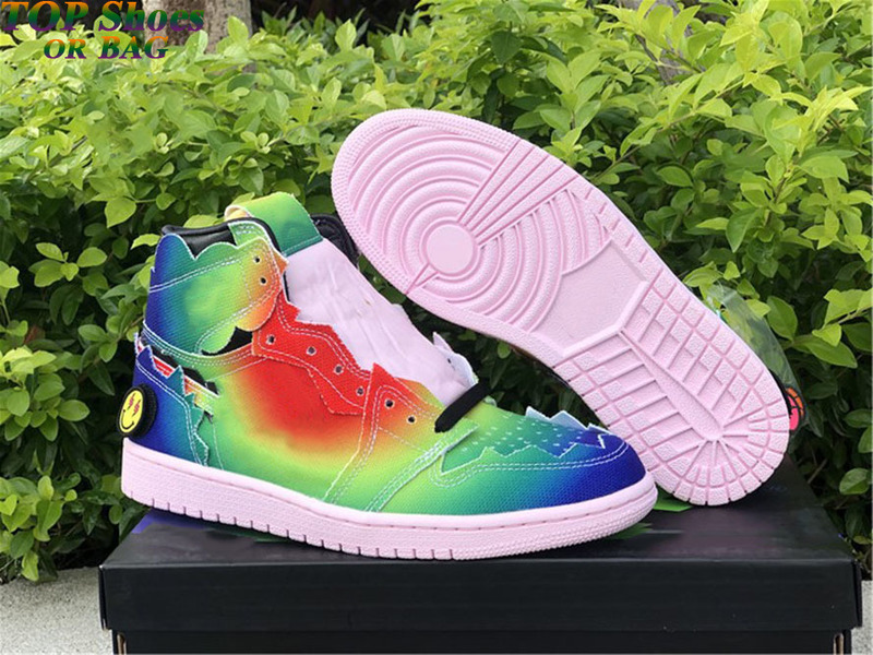 

J Balvin x 1s Men's Basketball Shoes Jumpman 1 Smiling Face Joint Gradient Rainbow Trainer Sports stylist Fashion Sneakers with box Size, #1