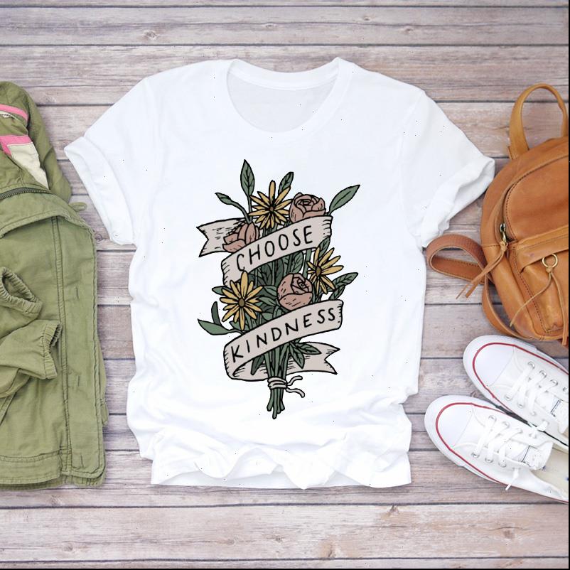 

kind letter flower floral women t shirts short sleeve 90s print graphic tee, White