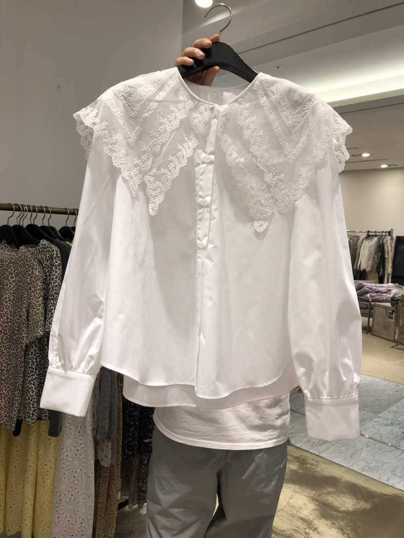 

Spring All Match Solid Lace Patchwork Peter Pan Collar Full White Shirt Women's Loose Top 210615