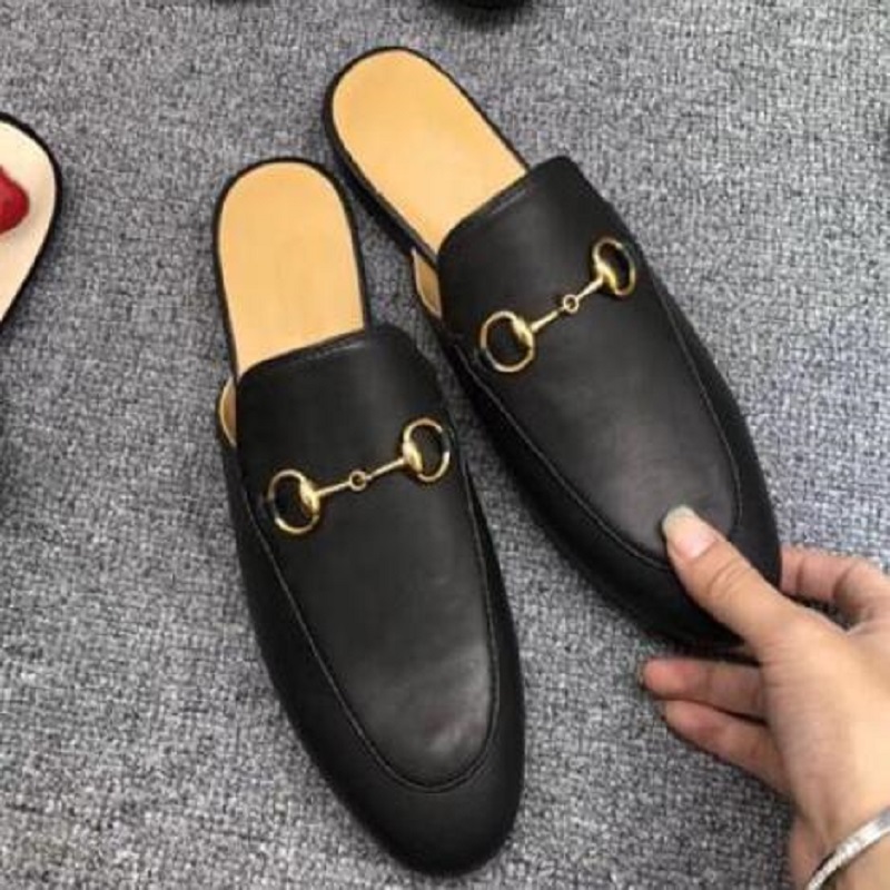 

Top Quality shoe Leather Mens Trainers soft cowhide Lazy womens shoes Metal buckle beach Sandals Mules Princetown lady slippers Large Sneakers, Color 21
