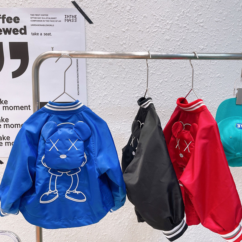 

INS Boys bear baseball jacket kids stripe round collar long sleeve outwear autumn children cartoon casual coats clothes A7731, Black