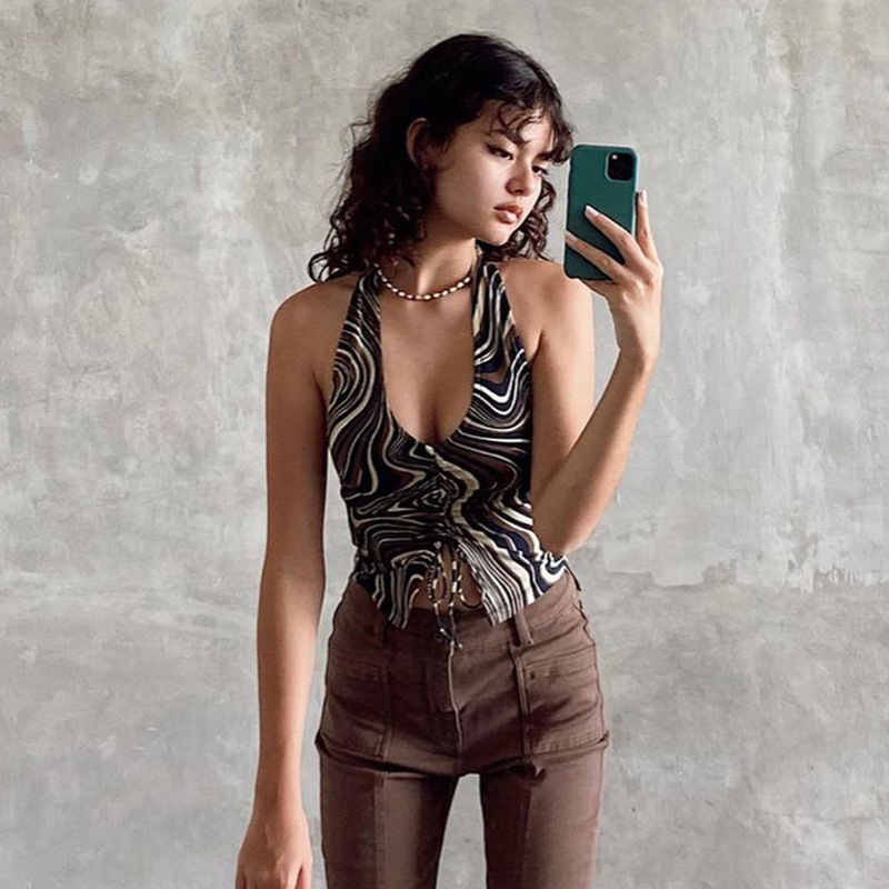 

Print Fashion Halter Sexy Crop Top Summer 2021 Dstring Ruched Streetwear Girls Tops Slim Fit Outfitshigh quality, As seen
