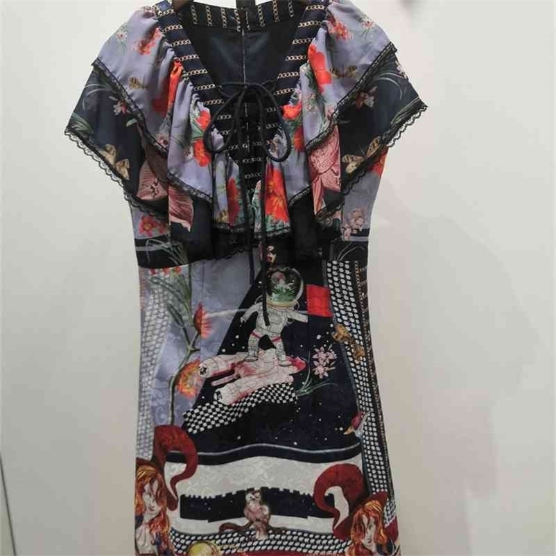 

Truevoker Lady Summer Runway Designer Party Dress Mujer Festa Vestido Ruffle Sleeve Vintage Print Lace Up Holiday Robe 210602, Multi