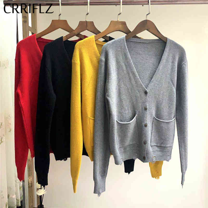 

Autumn Winter Knitted Cardigans Sweatear Women Casual Solid V-neck Pockets Single Breasted Sweater Top CRRIFLZ 210520, Gray