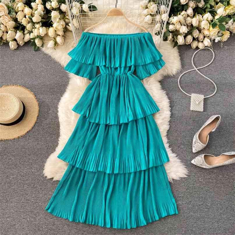 

Sexy Off Shoulder Holidays Long Dress Women Summer Fashion Slash Neck Elastic Waist Cascading Ruffles Casual Beach Pleated 210603, Purple