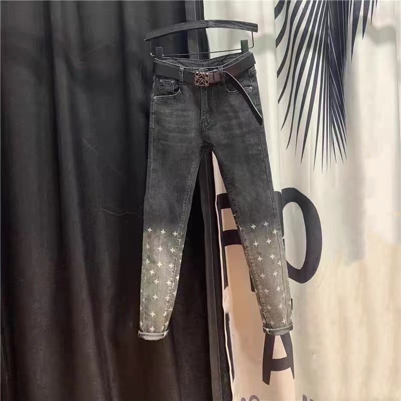 

European station 2021 spring and summer new jeans women's high waist slim slimming fashion print all-match western style foot pants, Blue