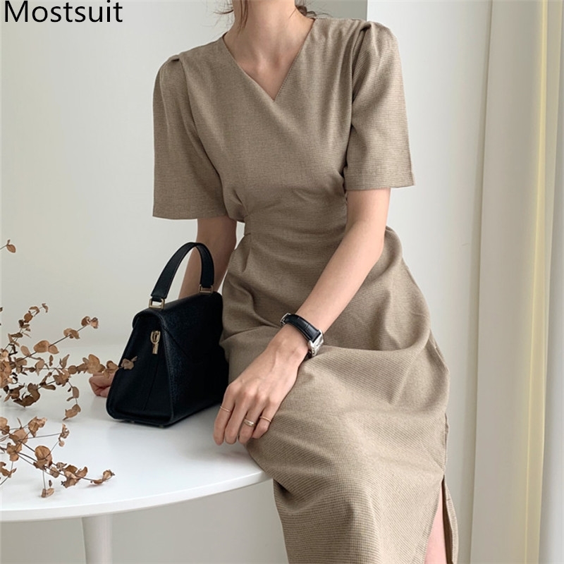 

Summer Korean Solid Women Long Dress Short Sleeve V-neck Belted Splitting Dresses Fashion Elegant Ladies Vestidos 210518, Khaki