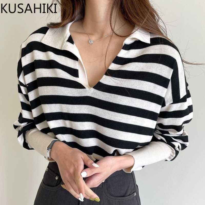 

Spring Thin Pullover Knitwear Korean Causal Turn-down Collar Knitted Tops Women Batwing Sleeve Loose Pull Jumper 6G394 210603, Black