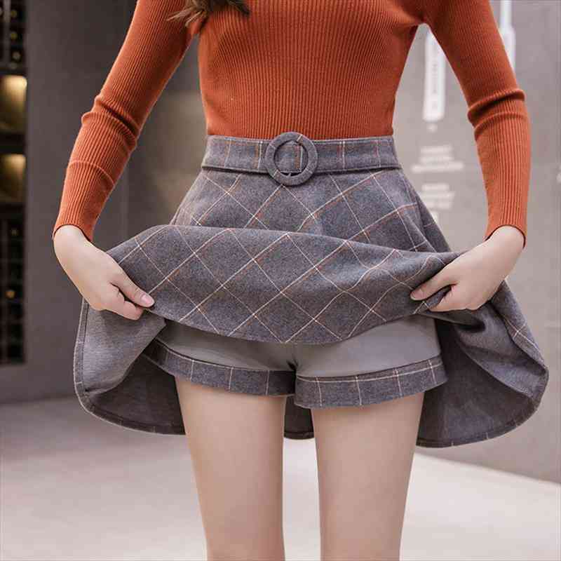 

autumn checked mini skirt female high waist plaid woolen skirts womens winter a-line preppy style pleated thick shorts skirt, Black