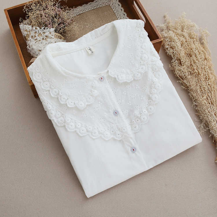 

Spring Korea Fashion Women Long Sleeve Embroidery Peter Pan Collar Casual Shirts 100% cotton Mori Girl White Blouse S578 210608, 913