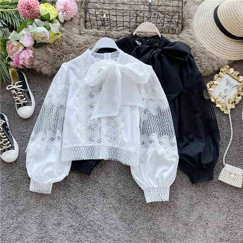 

Retro court temperament ladies Bow tie shirt Chic Lantern sleeve Lace Patchwork Hollow out Tops Shirt Women Spring 210525, White