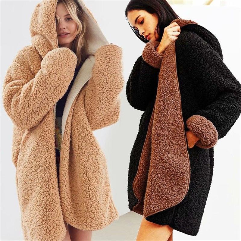 

Women's Fur & Faux Lazy Terry Fleece Double-Sided Coat Female 2021 Winter Fashion Hooded Long Sleeves Loose Warm Tide H00498, Black